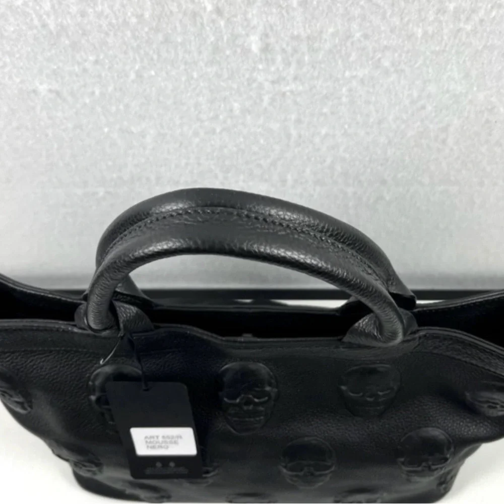 Genuine Leather 3D Black Embossed Skull Tote Bag - Picture 7 of 7